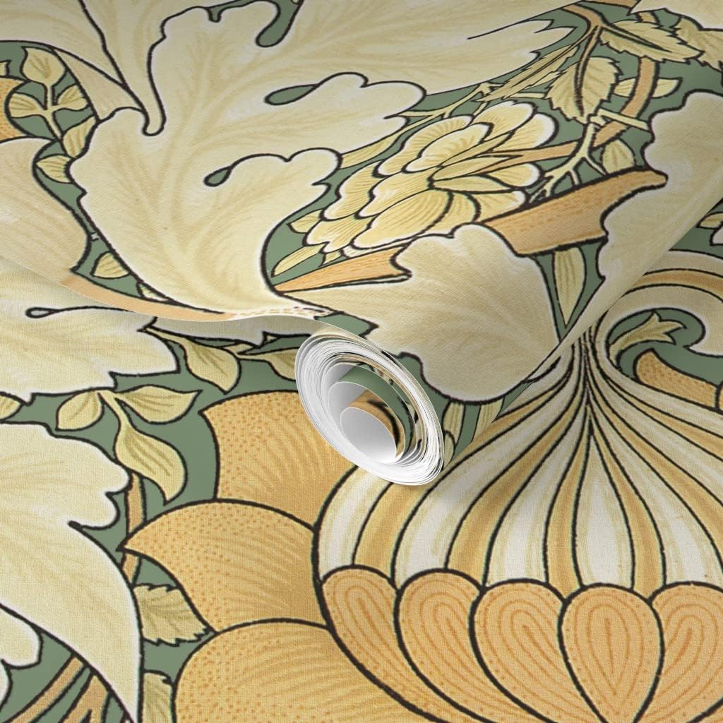 Spoonflower Removable Wallpaper 3ft x 2ft - Damask Green Flowers Floral Antique Victorian Sage Art Nouveau Custom Pre-Pasted Wallpaper