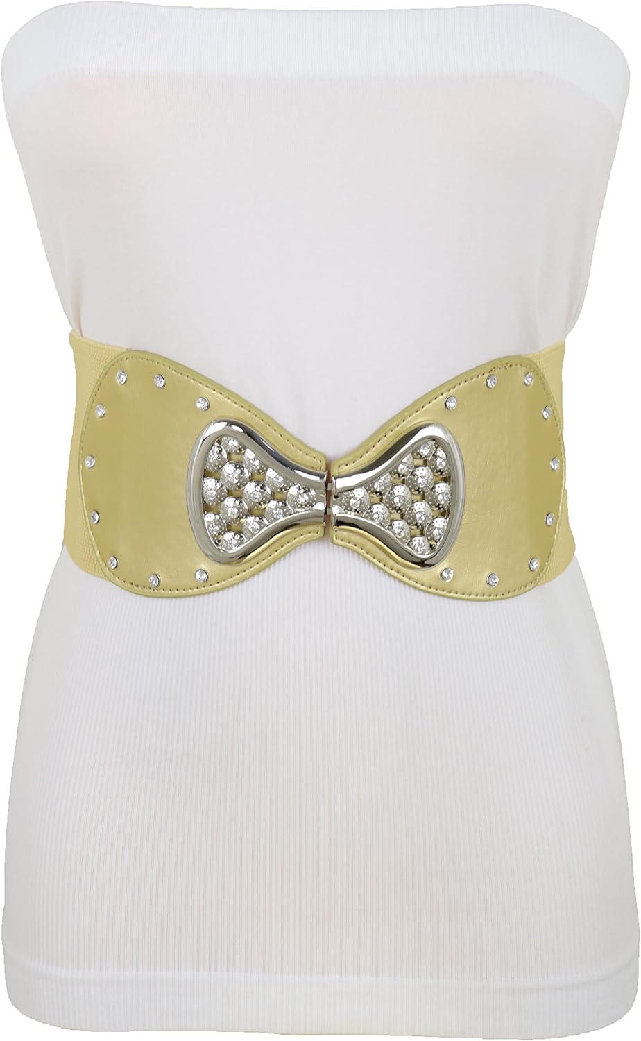 TrendyFashionJewelry Women Elastic Waistband Belt Hip High Waist Bow Tie Ribbon Buckle Fit Size S M Gold