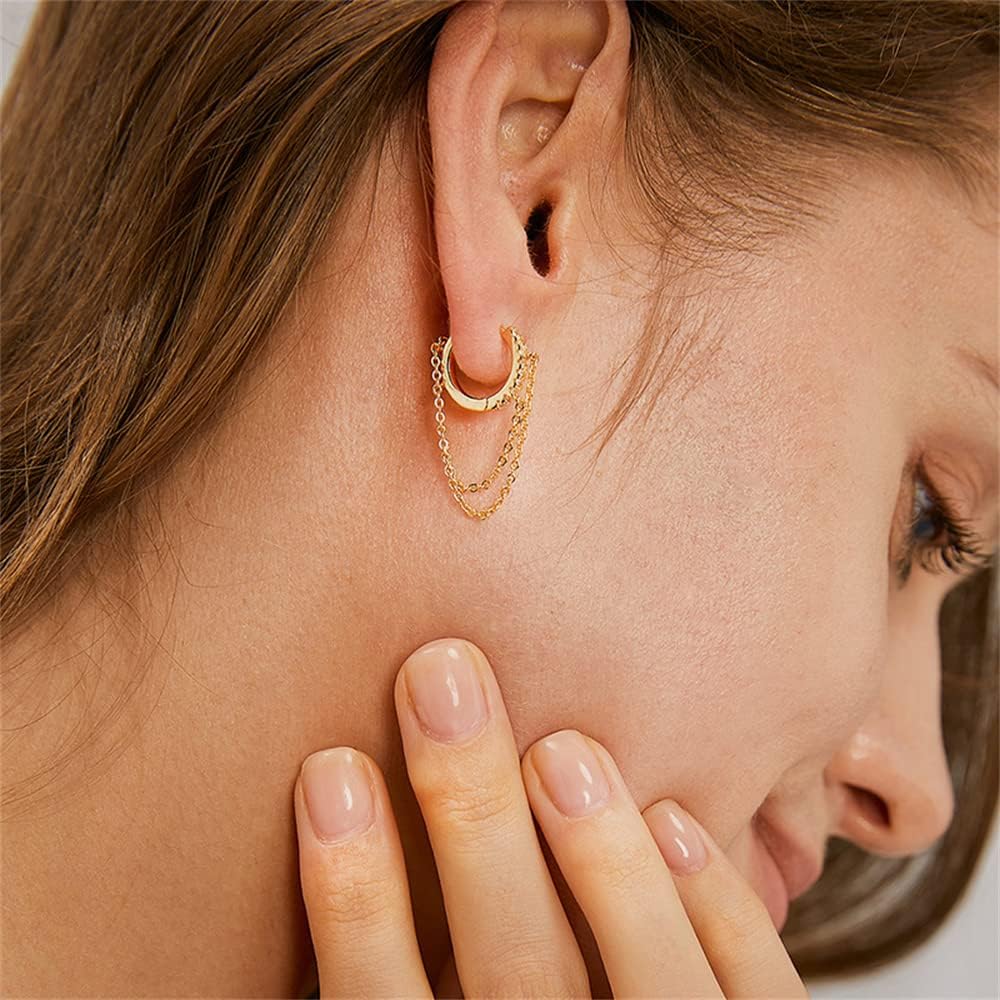 Huggie Dangle Earrings Tassel Chain Drop for Women Girls Gold-Tone Hypoallergenic Minimalist CZ Small Hoop Cartilage Earring Fashion Punk Jewelry 10mm Inner - Image 2