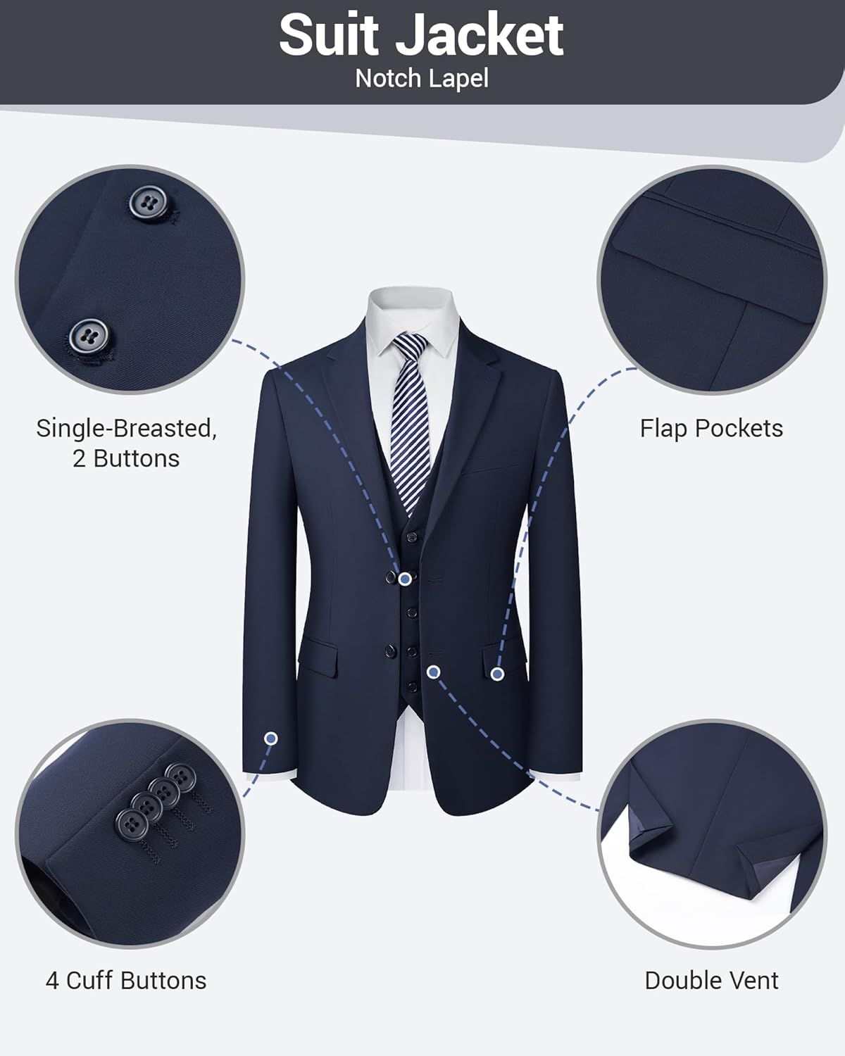 Men's Slim Fit 3 Piece Suit Set - Single Breasted, Notch Lapel, Stretch, Machine Washable, Business & Wedding Vest Suit Set - Image 3