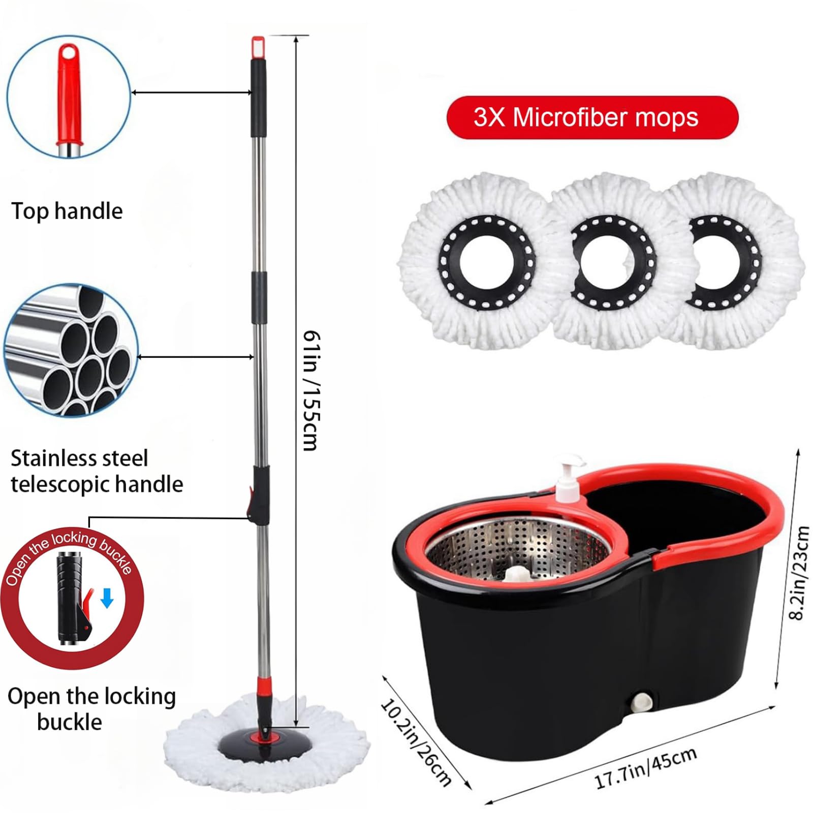 Juego de fregona giratoria y cubo con escurridor, sistema de cubo giratorio de 360° con 3 cabezales de repuesto de fregona de microfibra, mango extendido de acero inoxidable de 61 pulgadas para