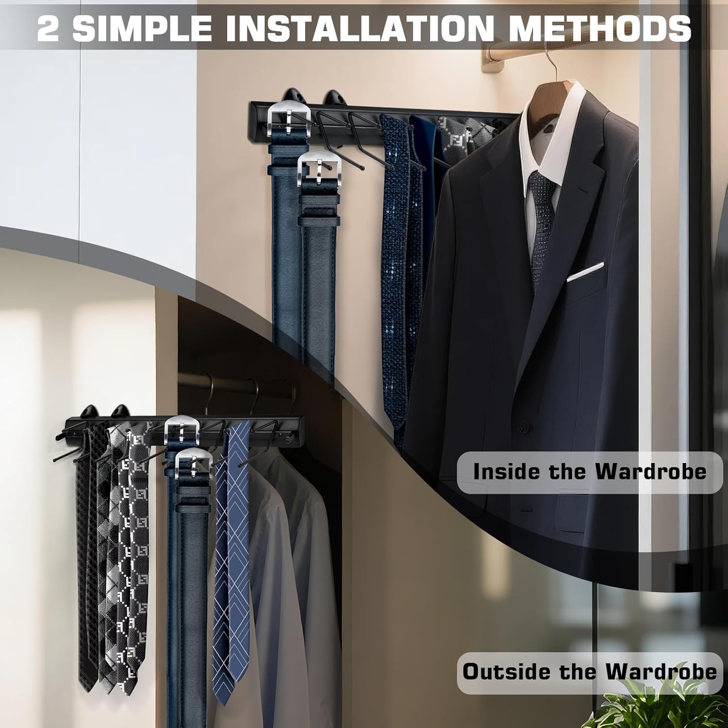 Sliding Tie Racks, 18 Tie Hanger Pull Out Belt Rack 16.5'' Aluminum Alloy Extendable Wardrobe Closet Organizer with 18 Hooks for Belts, Ties, and Scarves, 16.5'' x 3.15''(Sprayed Black)