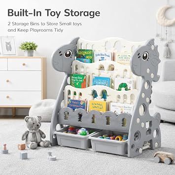 Kids Bookshelf with Toy Organizers and Storage Box 3-Tier Childrens Bookcase Kids Toy Storage Unit Freestanding Plastic Small Book Shelf Organiser for Nursery Bedroom & Playroom (Grey, 3-Tier 2 Boxes)