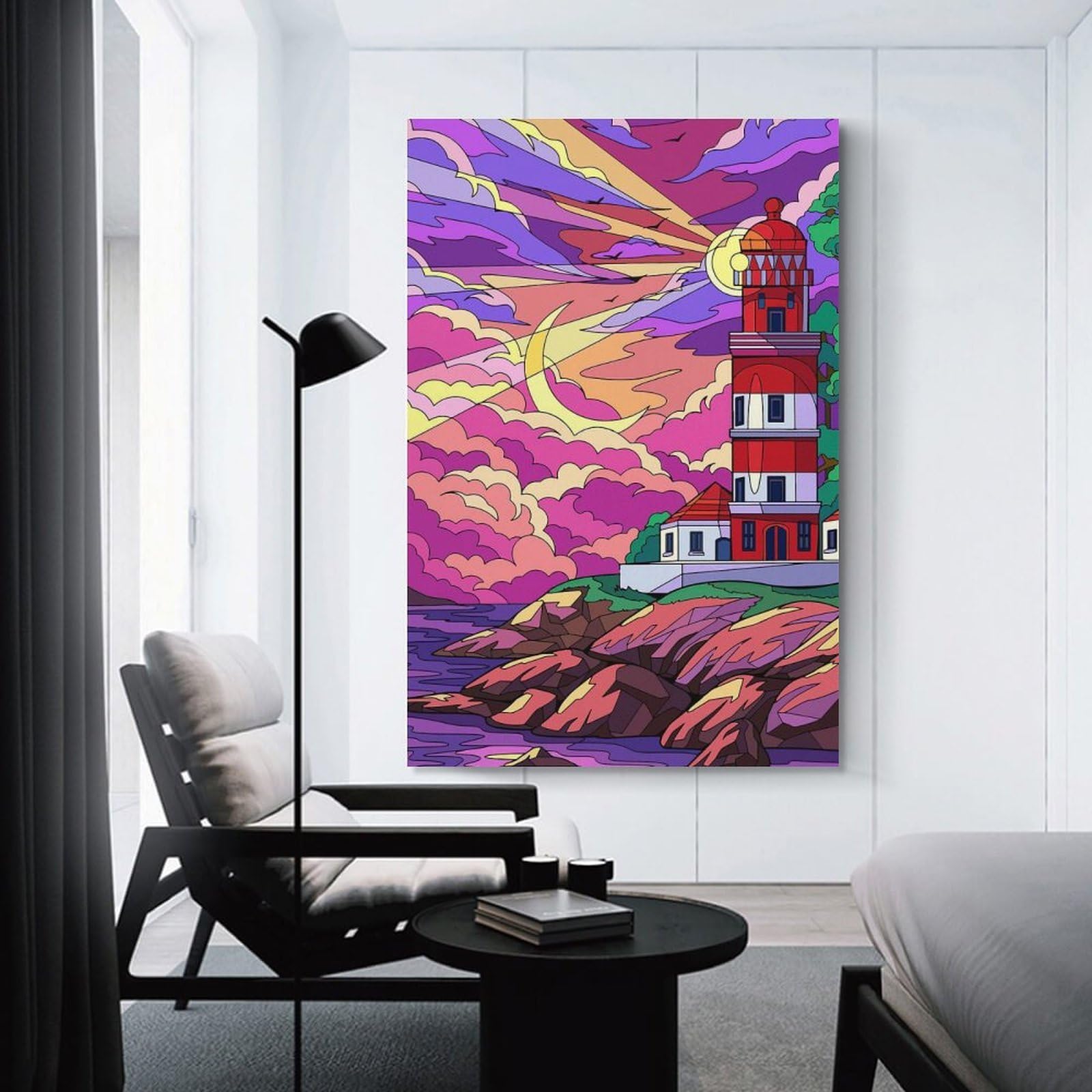 Junmoney Vibrant Lighthouse at Sunset Canvas Wall Picture, 20x30inch(50x75cm), for Wall Displays, Bedrooms Or Room Updates, Wall Decor Suited to Curated Displays