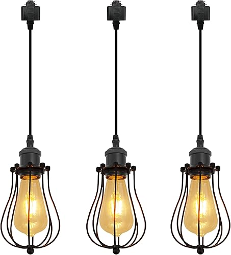Miniatura 7 de Kiven H-System - Lámpara colgante de pista, estilo retro, diseño de loft vintage, lámpara de techo colgante de jaula de cesta negra, accesorio de 3