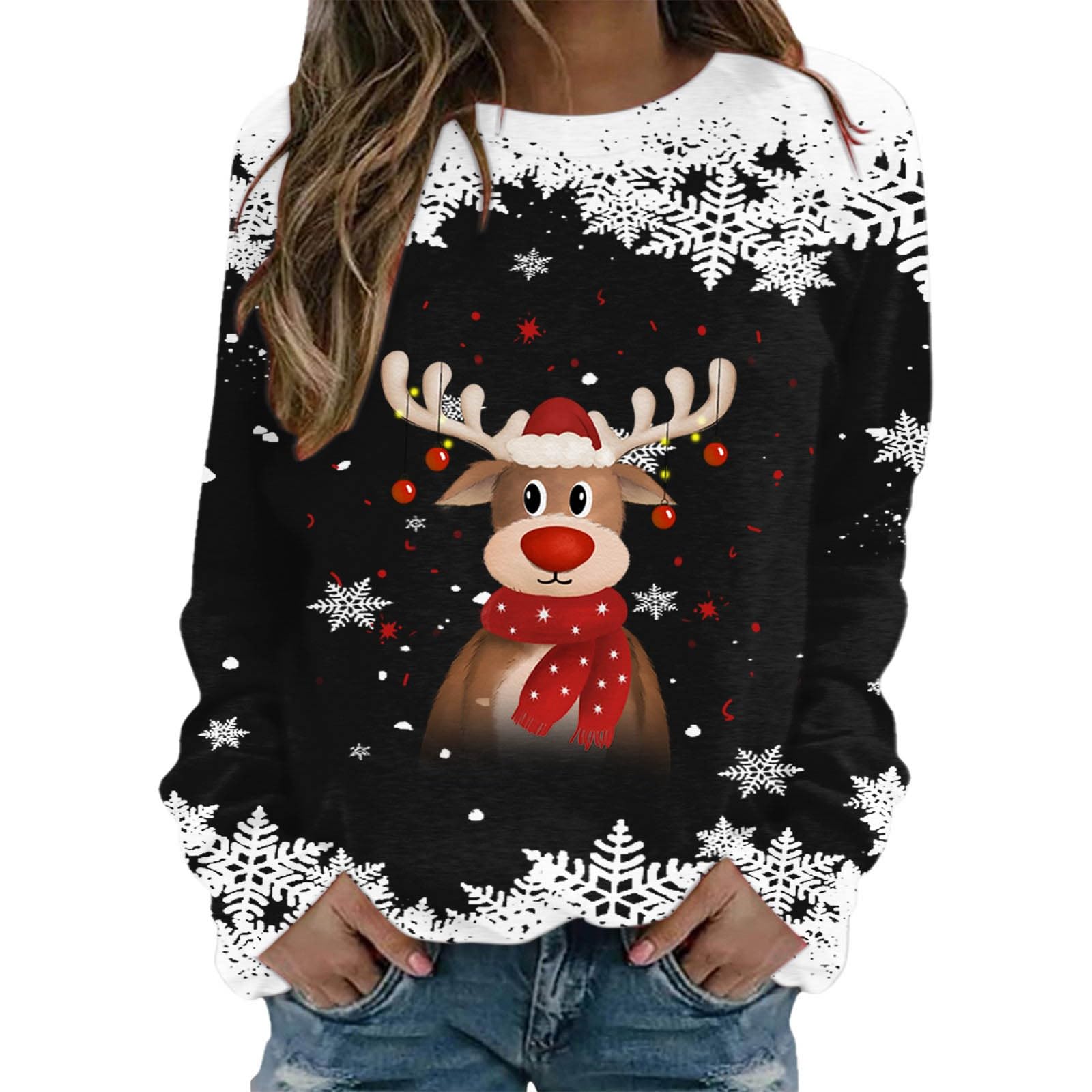Sweatshirt femme pull col rond noir XL coupe ample vêtement graphique de Noël - 4