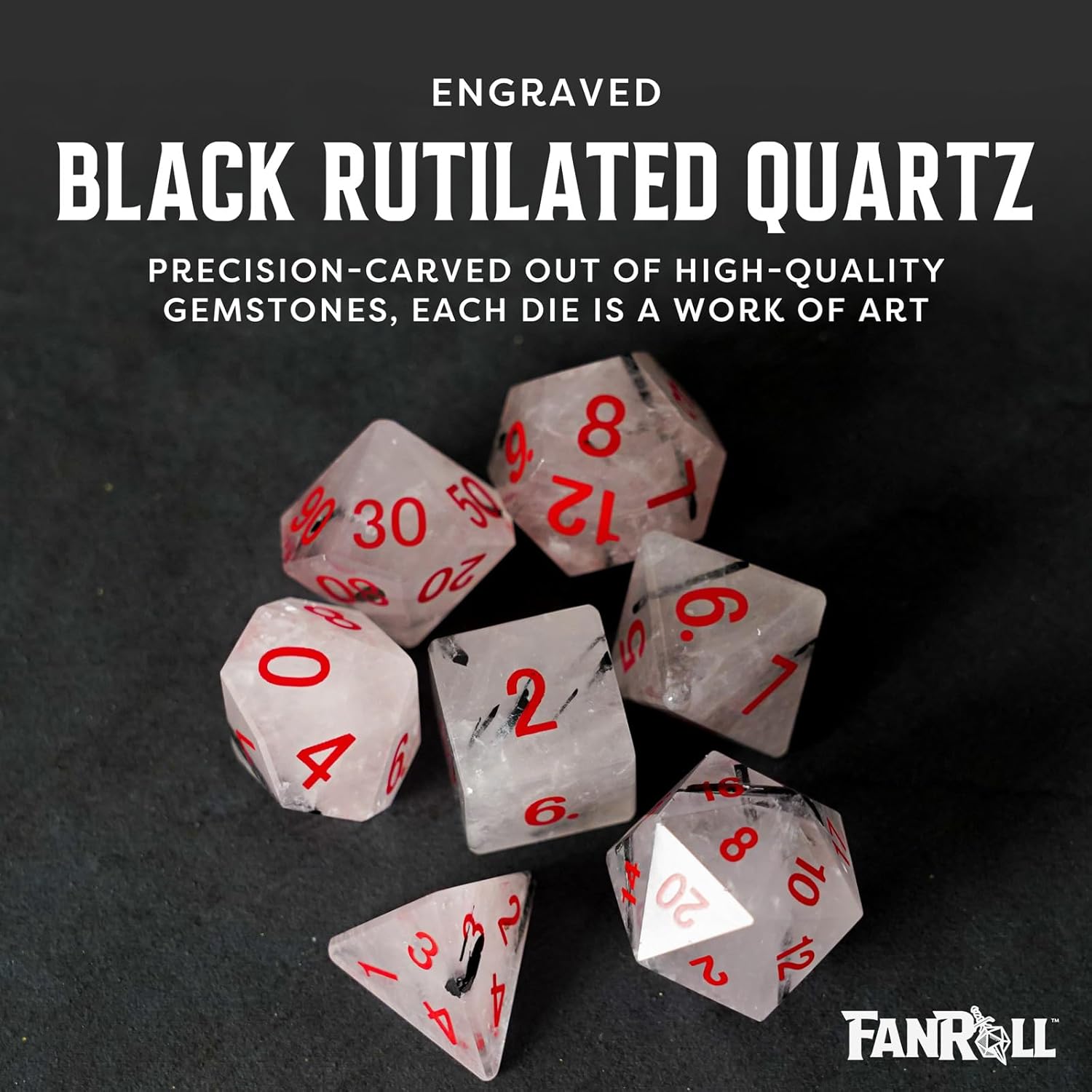 FanRoll 16mm Gemstone Stone Poly DND Dice Set: Black Rutilated Quartz, Role Playing Game Dice for Dungeons and Dragons