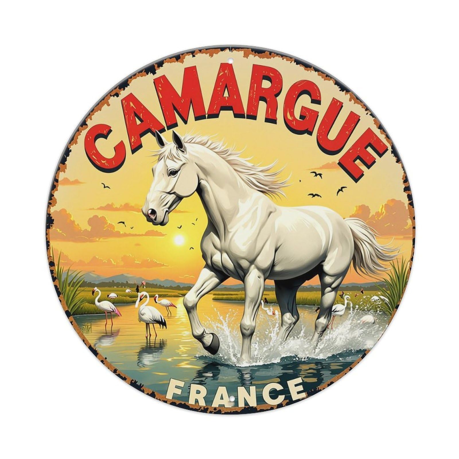 Camargue Horse Flamingo Sunset France Retro Metal Sign Round Tin Sign, Vintage Decor Art Poster for Bar, Home, Man Cave, Kitchen, Laundry Room Gift 8x8Inch