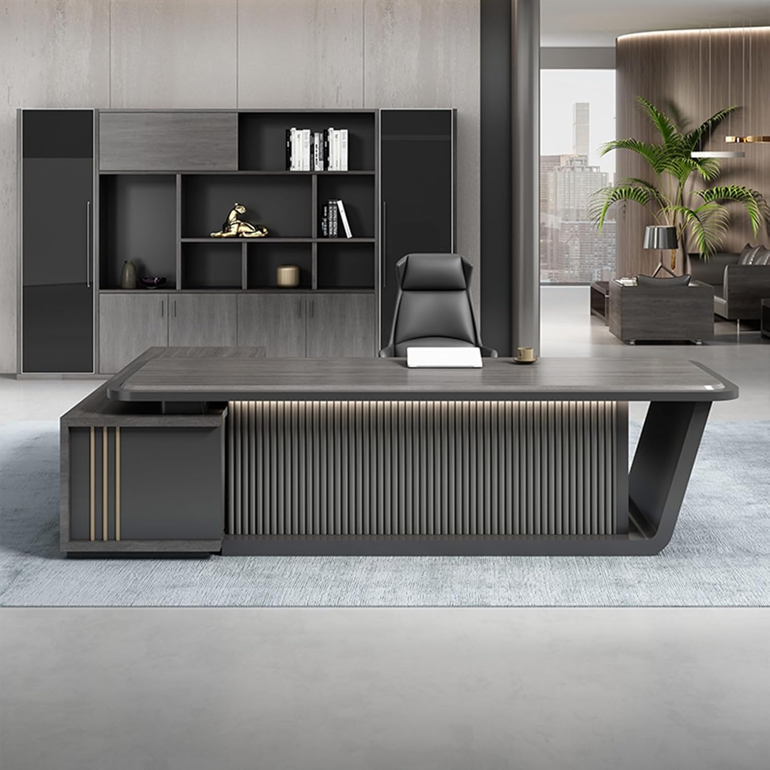 L-Shaped Grey Computer Desk, Executive Office Desk with Lateral Cabinet Study Writing Table Business Furniture Set for CEO Boss