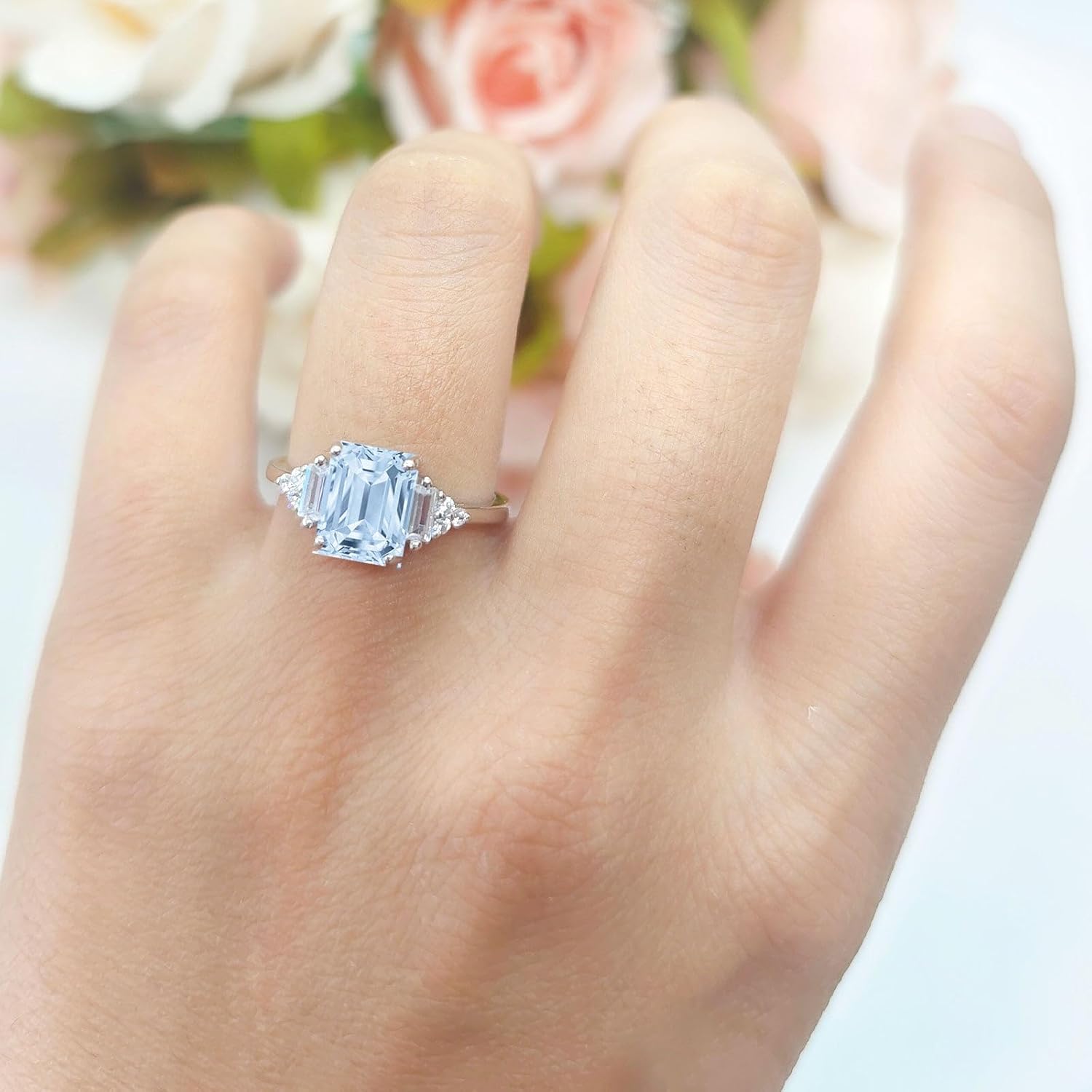 OMRANII Three Stone Emerald Cut Natural Aquamarine Trellis Ring Art Deco Marquise Style Bridal Wedding Engagement Rings Baguette Cubic Zirconia 925 Sterling Silver Gift For Women