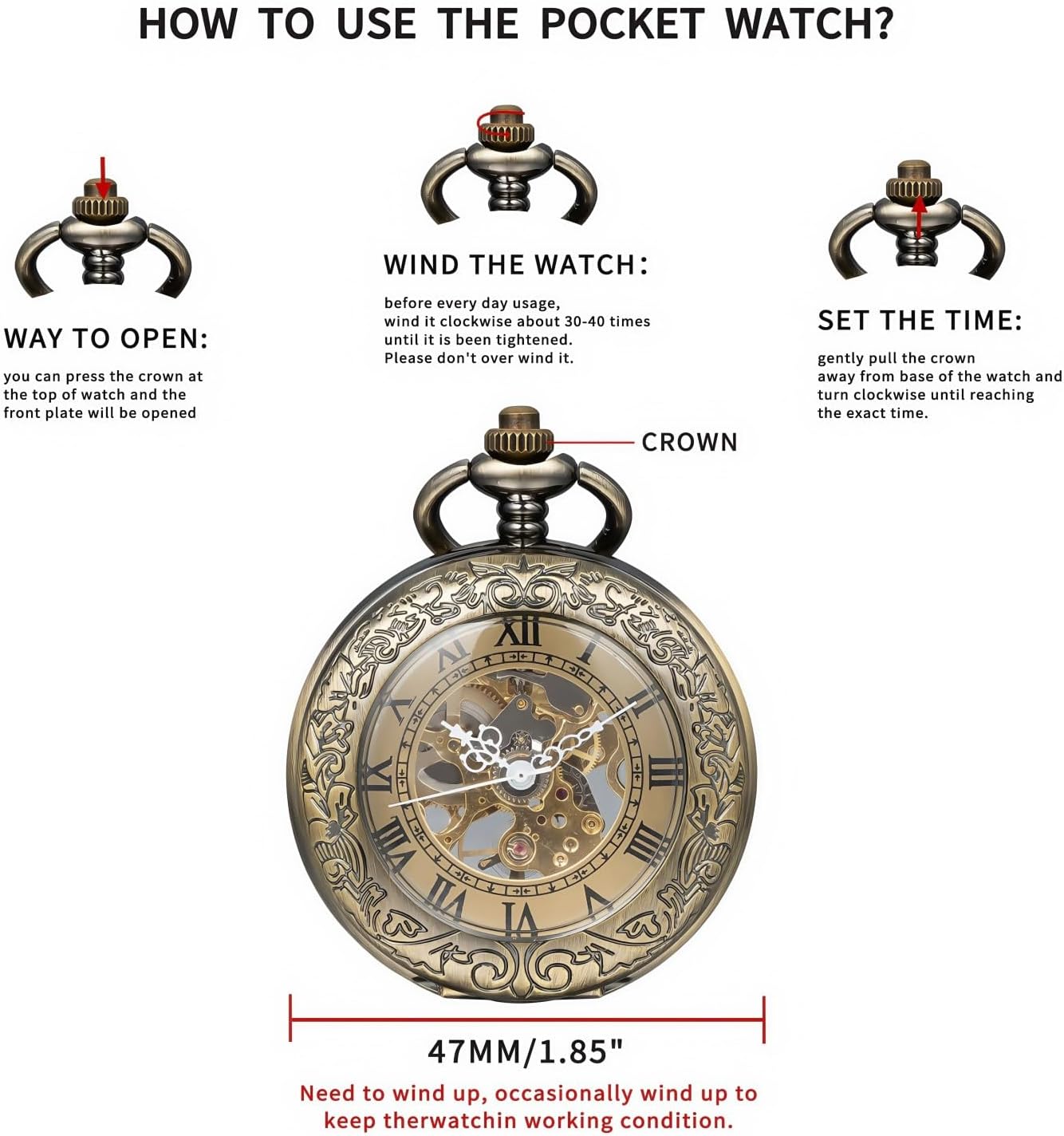 Mechanical Pocket Watch, for Men Women Special Magnifier Half Hunter Engraved Case Roman Numerals with Chain - Image 6