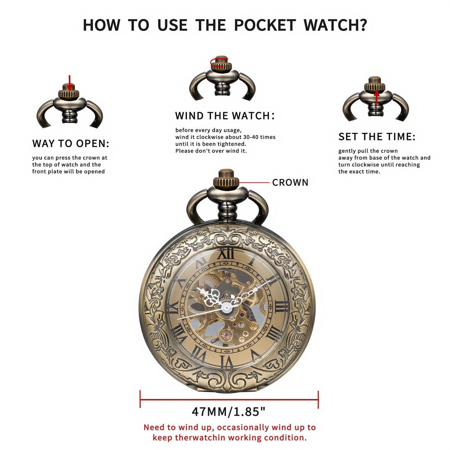 Orologio da tasca meccanico, per uomo e donna, con lente d'ingrandimento speciale, cassa incisa, numeri romani con catena, bronzo