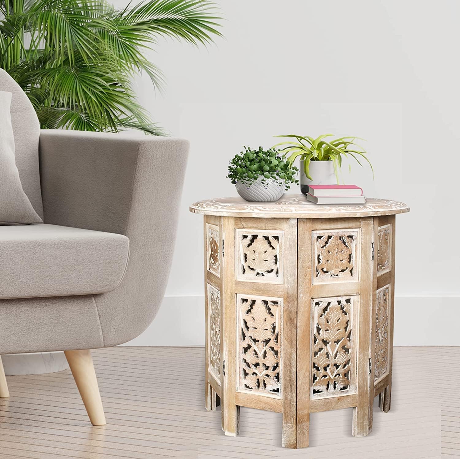 Side Table for Living Room | Wooden Foldable GREEKIA Series Hand Carved Side Table | End Table | Coffee Table 15 inch