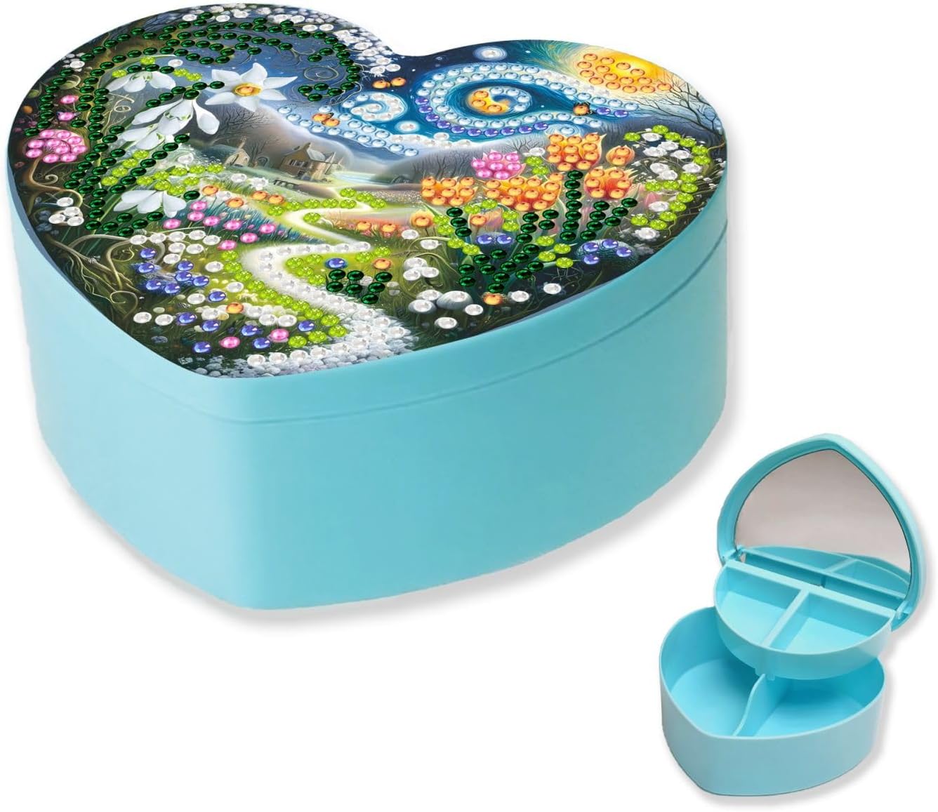 DIY Diamond Art Painting Art Heart-Shaped Storage Box Creative Double-Layered Cosmetic Organizer Vanity Mirror Jewelry Case Handmade Present-Winding Road