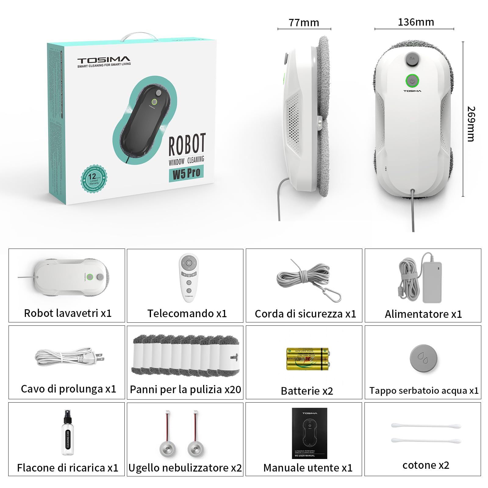 Tosima W5 Pro 6400 Pa Robot Lavavetri, Doppia Spruzzatura ad Ultrasuoni, Pulitore Automatico per Vetri, Telecomando, 20 Panni in Microfibra