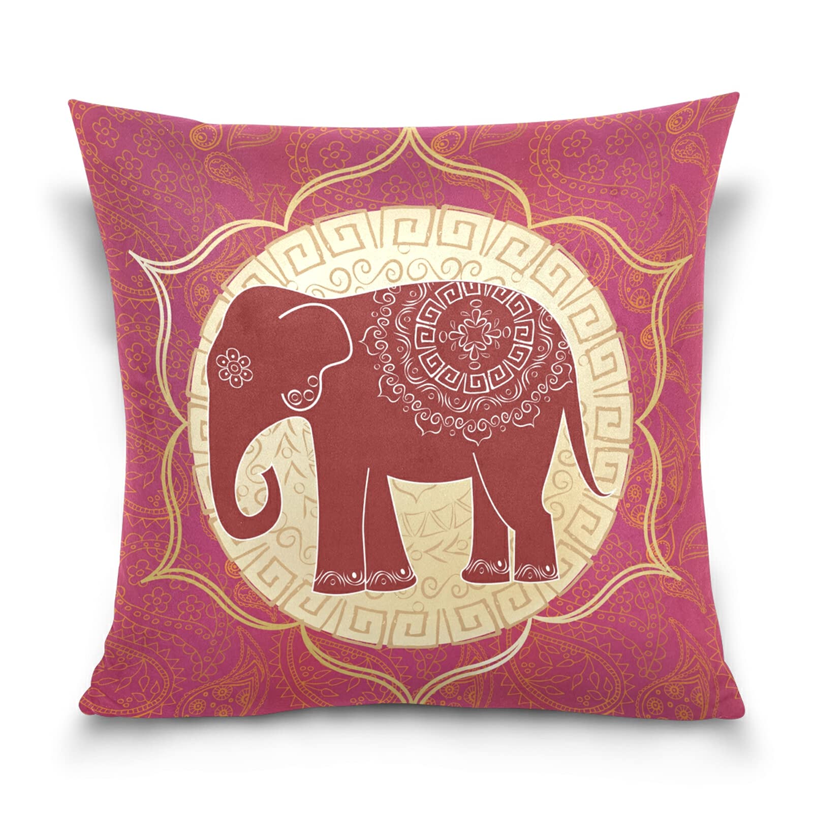 Poeticcity Tribal Ethnic Indian Elephant with Mandalas Red Pattern Cotton Velvet Throw Pillow, Soft Breathable Bed Pillows, Pillowcase Sham Cushion Covers Twin Sides for Car Couch Bed 20x20 inches
