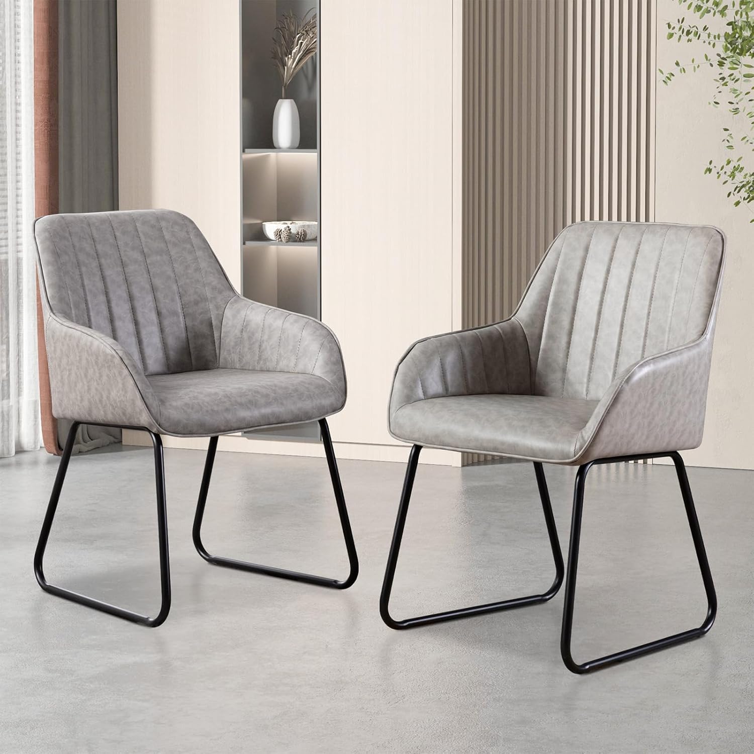 Vanity Art Mid Century Modern Accent Chair with Arms, Upholstered Synthetic Faux Leather Chair for Living Room, Bedroom, Reading Area, Comfy Dining Chairs, Set of 2 (Grey) UC-15G