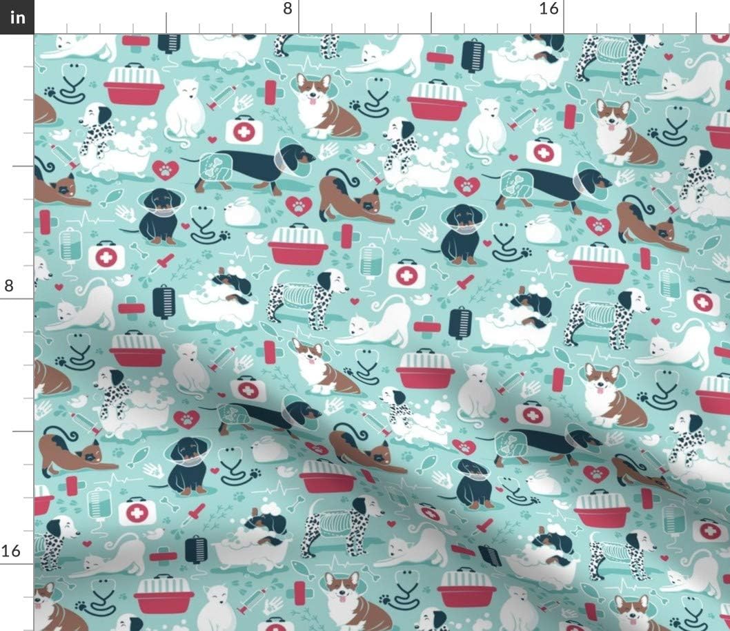 Spoonflower Fabric - Small Scale Vet Medicine Happy Aqua Red Navy Blue White Brown Cats Printed on Petal Signature Cotton Fabric by The Yard - Sewing Quilting Apparel Crafts Decor