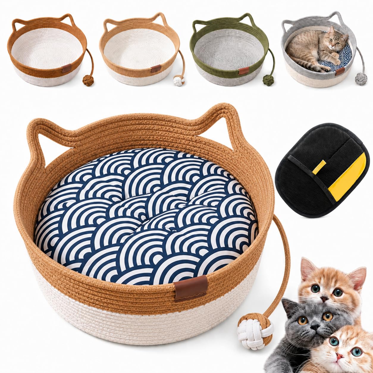 Instinct Basket for Cats with Toy Ball, Woven Cat Scratch Pad Bed, Breathable Instinct Basket for Cats, Washable Round Cat Bed for Indoor Cats, Kittens and Small Pets，Brown+Cushion：L(up to 27Lb)