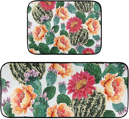 Juego de 2 alfombras y tapetes de cocina con cactus florales y suculentas, antideslizantes, lavables, juego de 2 alfombras decorativas para piso,