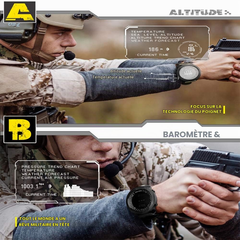 Montre Intelligente Hommes, Montre Tactique Étanche Sport Numérique avec Thermomètre Baromètre Altimètre Boussole Rétro-Éclairage LED Pas À Pas pour La Randonnée en Plein Air