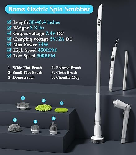Miniatura 3 de Limpiador giratorio eléctrico inalámbrico multifuncional: potente limpiador de ducha de 90 minutos de duración con mango largo ajustable de 30 a