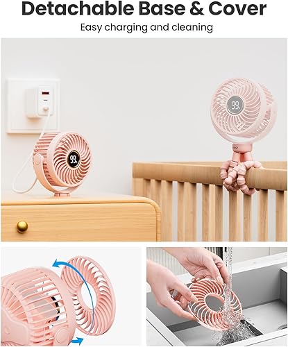 Miniatura 4 de Stroller Fan, 4000mAh Portable Battery Operated Smal Clip on Fan, 4 Speed Rechargeable Mini Personal Cooling, Travel for Baby Car Seat Crib(Pink)