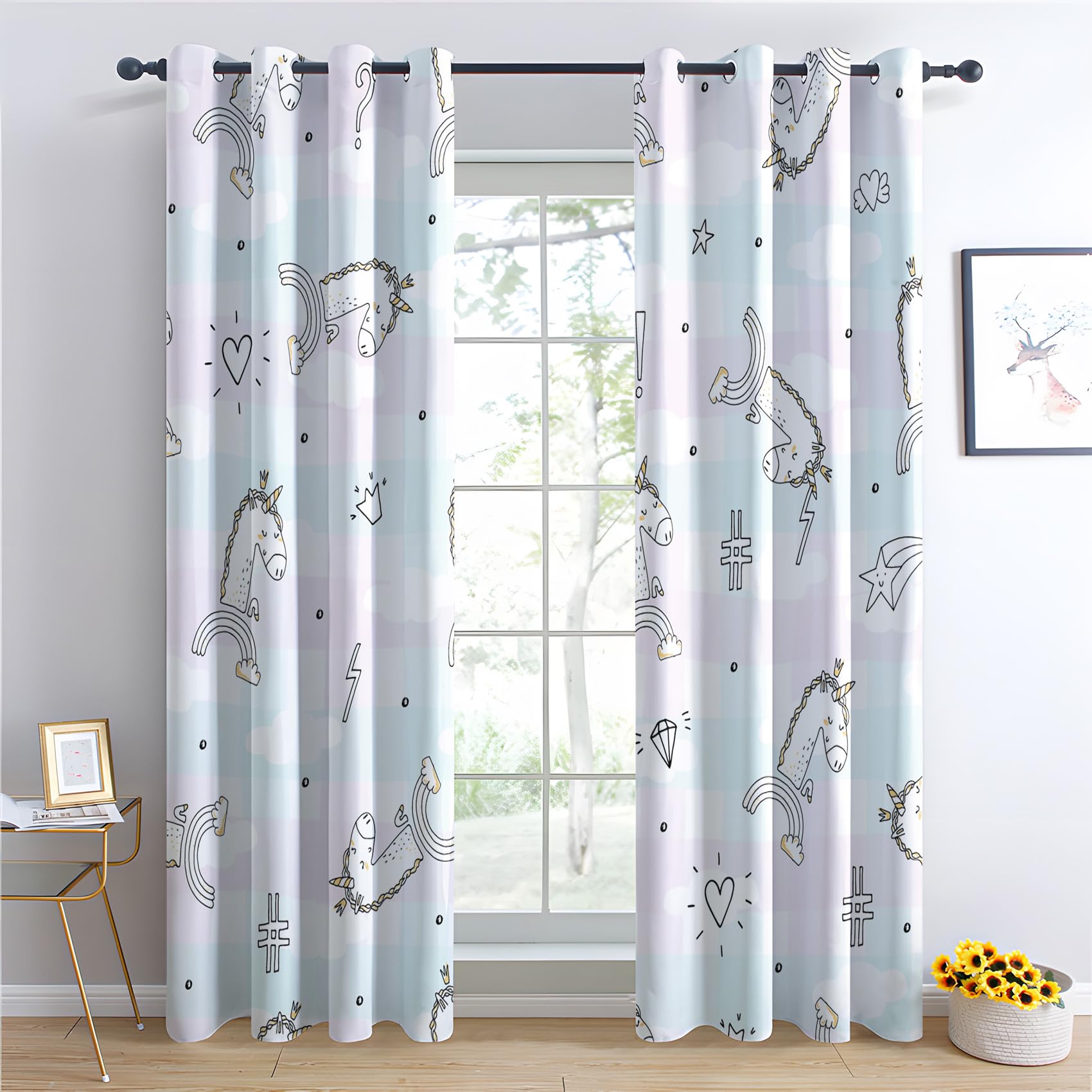 Rideau Occultant Thermiques Enfants Fille Licorne - Lot de 2 Rideaux Imprimé pour Salon Chambre Fenetre Cuisine, Rideaux et Draperies Intérieurs à Oeillets, 110x215 cm (LxH)