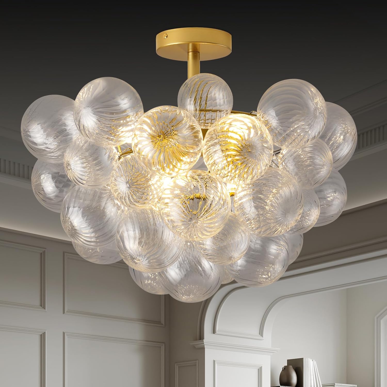 Nordic Bubble Ball Swirled Glass Chandelier 20 inch, Gild Gold and Clear Blown Glass Small Chandelier Pendant Bubble Light Fixture for Bedroom Study Restaurant,6 Bulbs(Gold-20)