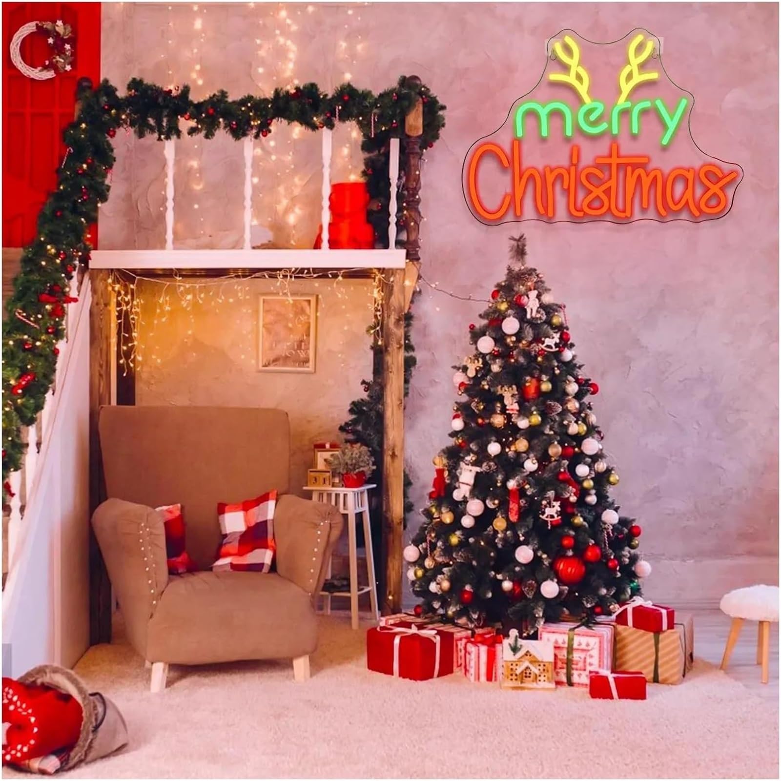 Letrero de neón navideño con letras coloridas e iluminación interior, gorro Papá Noel
