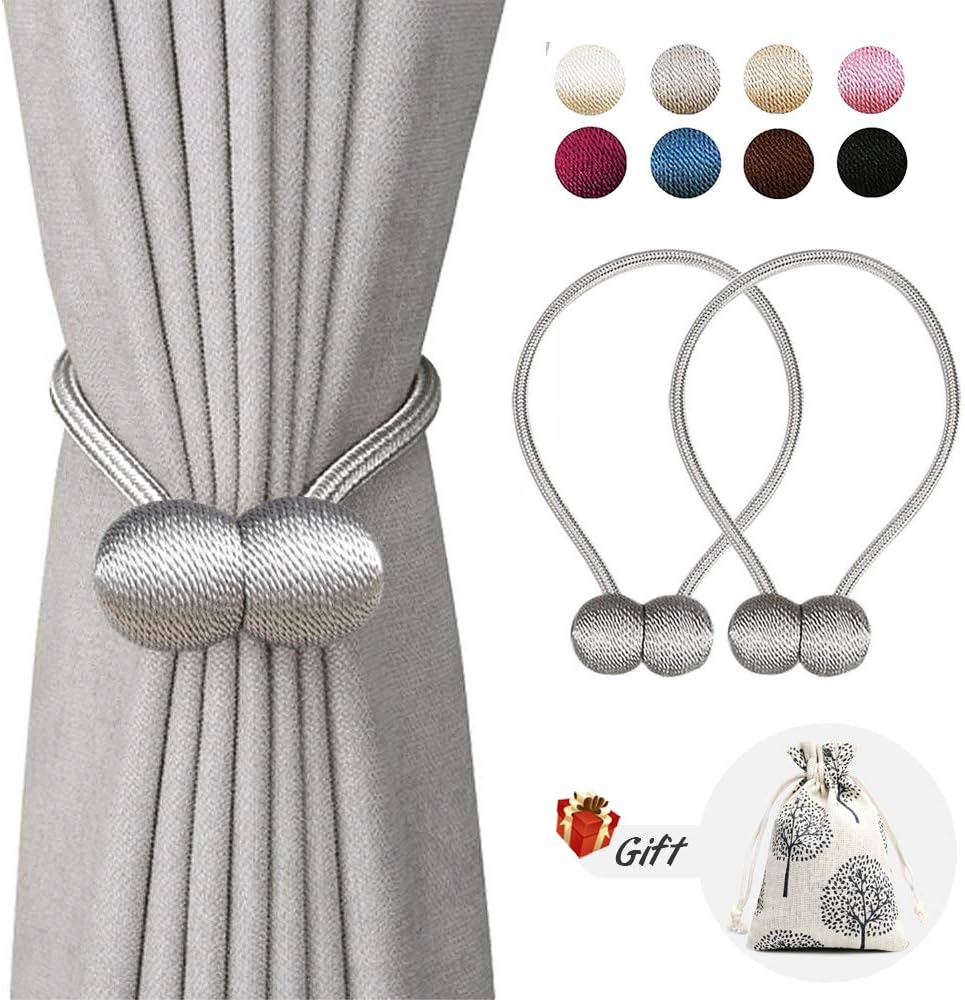 Magnetic Curtain Tiebacks, Curtain Tiebacks 2 PACK, The Most Convenient Drape Tie Backs decorative drapery holdback rope holder for Home Kitcher Office Window sheer Blackout Drapes, Silver Grey