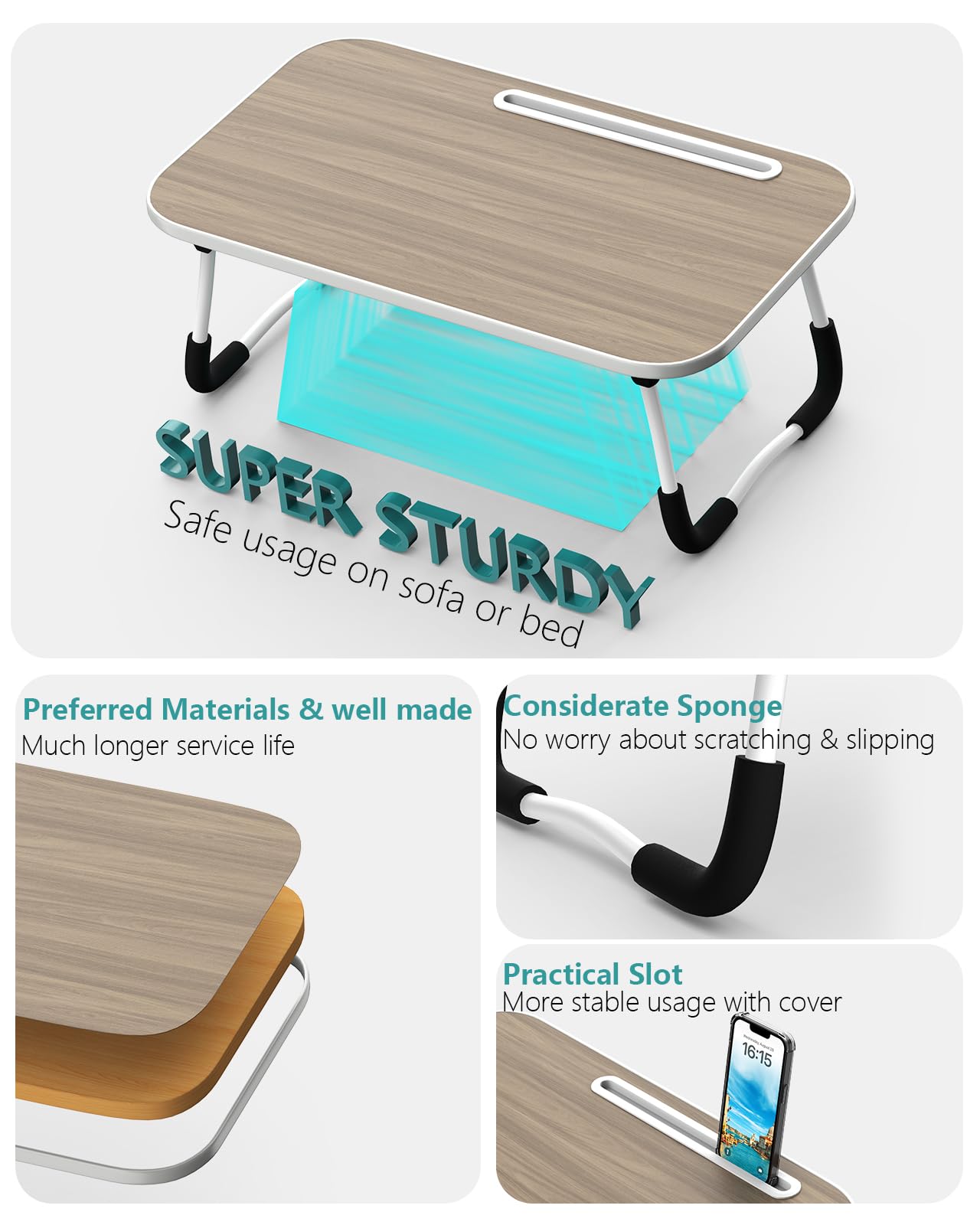 Foldable Lap Desk with Tablet Slot, Portable Laptop Desk for Bed, Lightweight Bed Desk for Working Writing Drawing Eating on Couch Floor, Brown (20.8