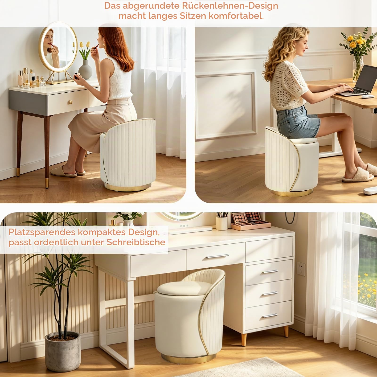 Schminkhocker, Schminkstuhl 360° Drehbar, Sitzhocker Rund mit rutschfeste Fußpads, Gepolstert Hocker Schminktisch Samt für Schminktisch, Schlafzimmer, Wohnzimmer (B-Cremeweiß)