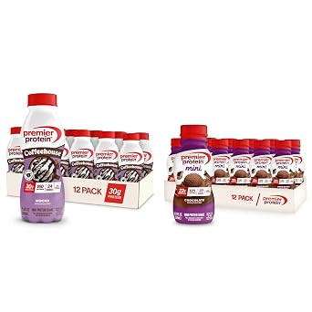Bundle of Premier Protein Mocha Protein Shakes 12 Pack + Chocolate MINIs Protein Shakes 12 Pack 24 Total Ready-to-Drink Shakes