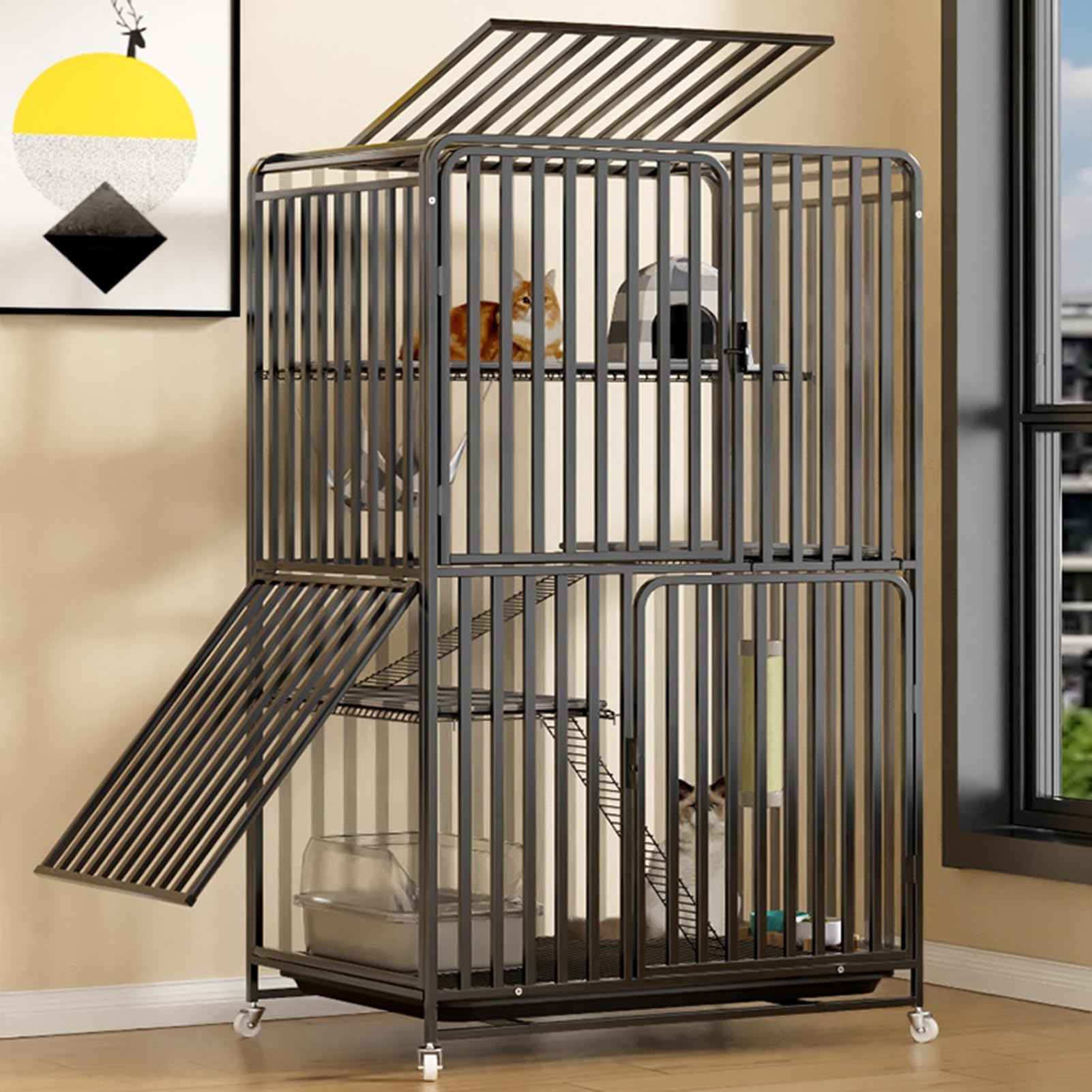 Gabbia per Gatti da Esterno con Piattaforme - Recinto Catio per 1-3 Gatti, Portatile con Ruote e Vassoio Rimovibile, Ideale per Giocare e Rilassarsi in Sicurezza (Nero)