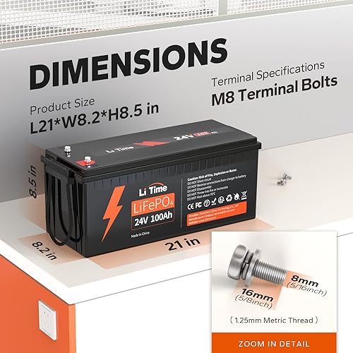 Miniatura 2 de Litime Batería LiFePO4 de 24 V 100 Ah de ciclo profundo de 25.6 voltios de ciclo profundo, fosfato de hierro y litio, batería solar de 2560 Wh para