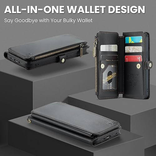 Miniatura 6 de Funda tipo cartera compatible con iPhone 13 con tarjetero, bloqueo RFID, cremallera, para iPhone 13, cartera y muñequera, de piel sintética,