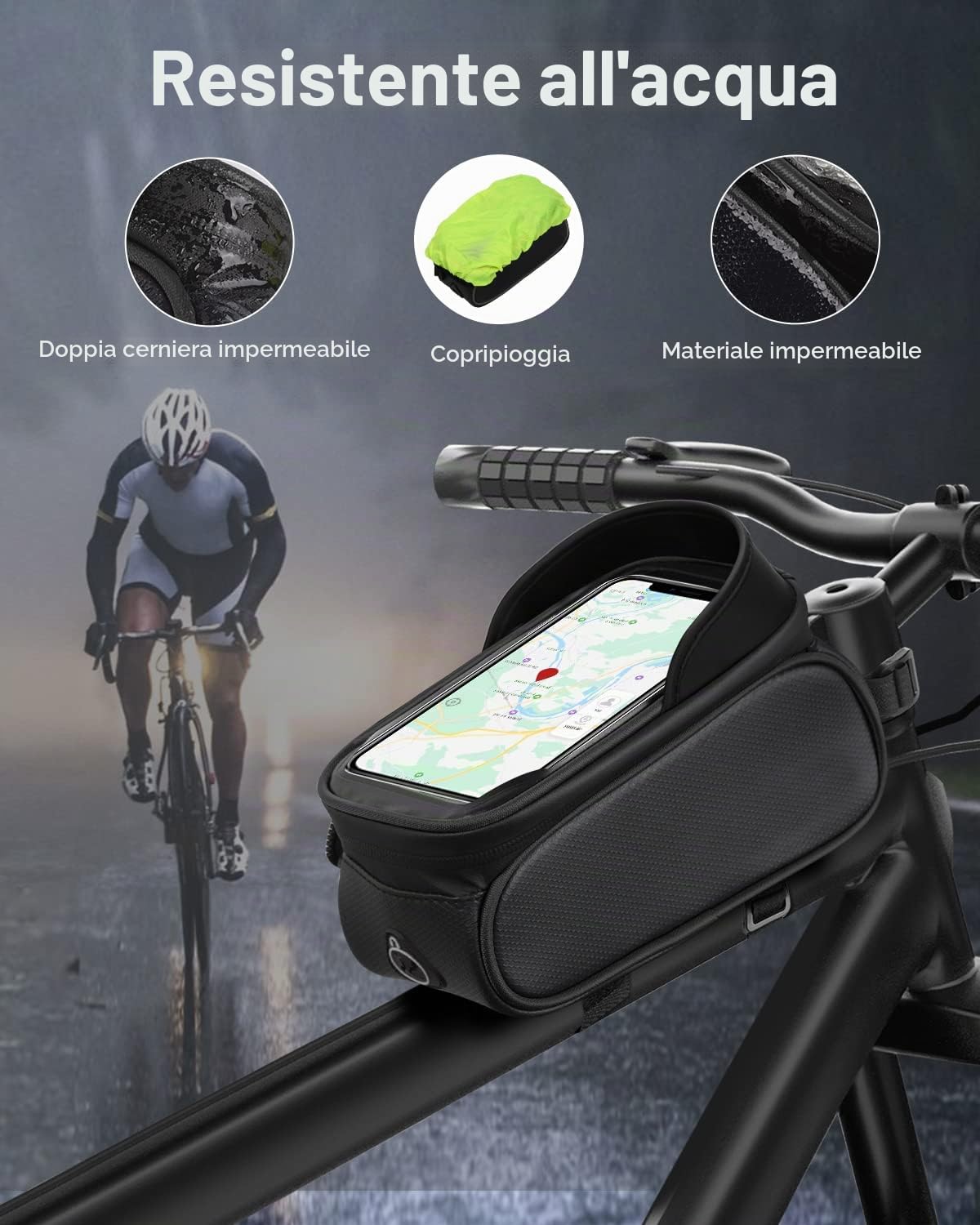 Borsa da bicicletta, telaio per bicicletta, supporto per cellulare, borsa per telaio, borsa per manubrio, supporto per cellulare, borsa superiore con foro per cuffie per smartphone sotto i 6,8" (nero)