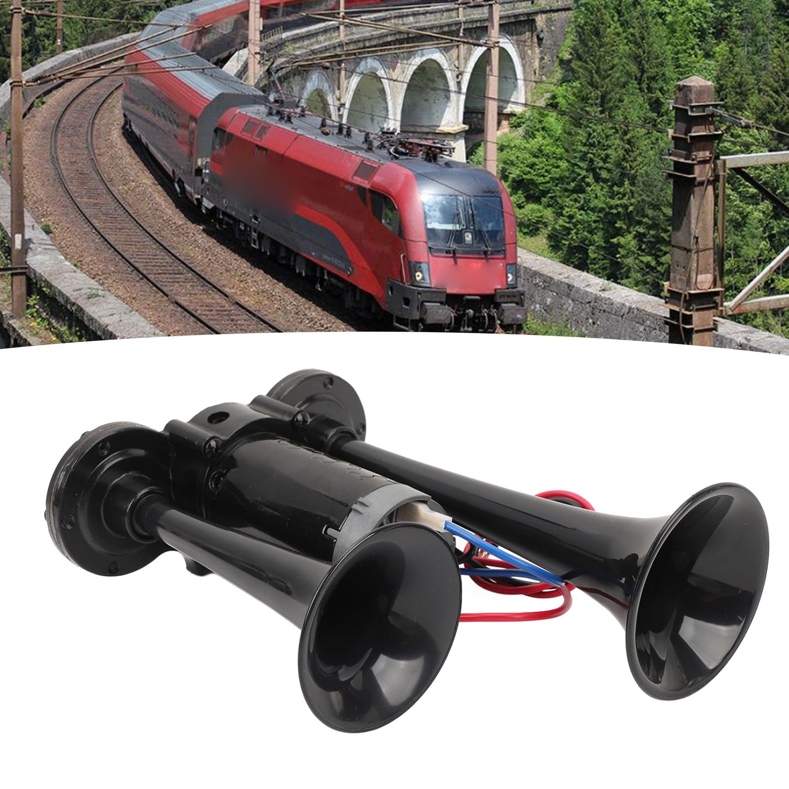 SIXRUN Clacson ad Aria Doppia Tromba 130 dB, 24V con Compressore, Metallo Cromato, per Camion Yacht Treni