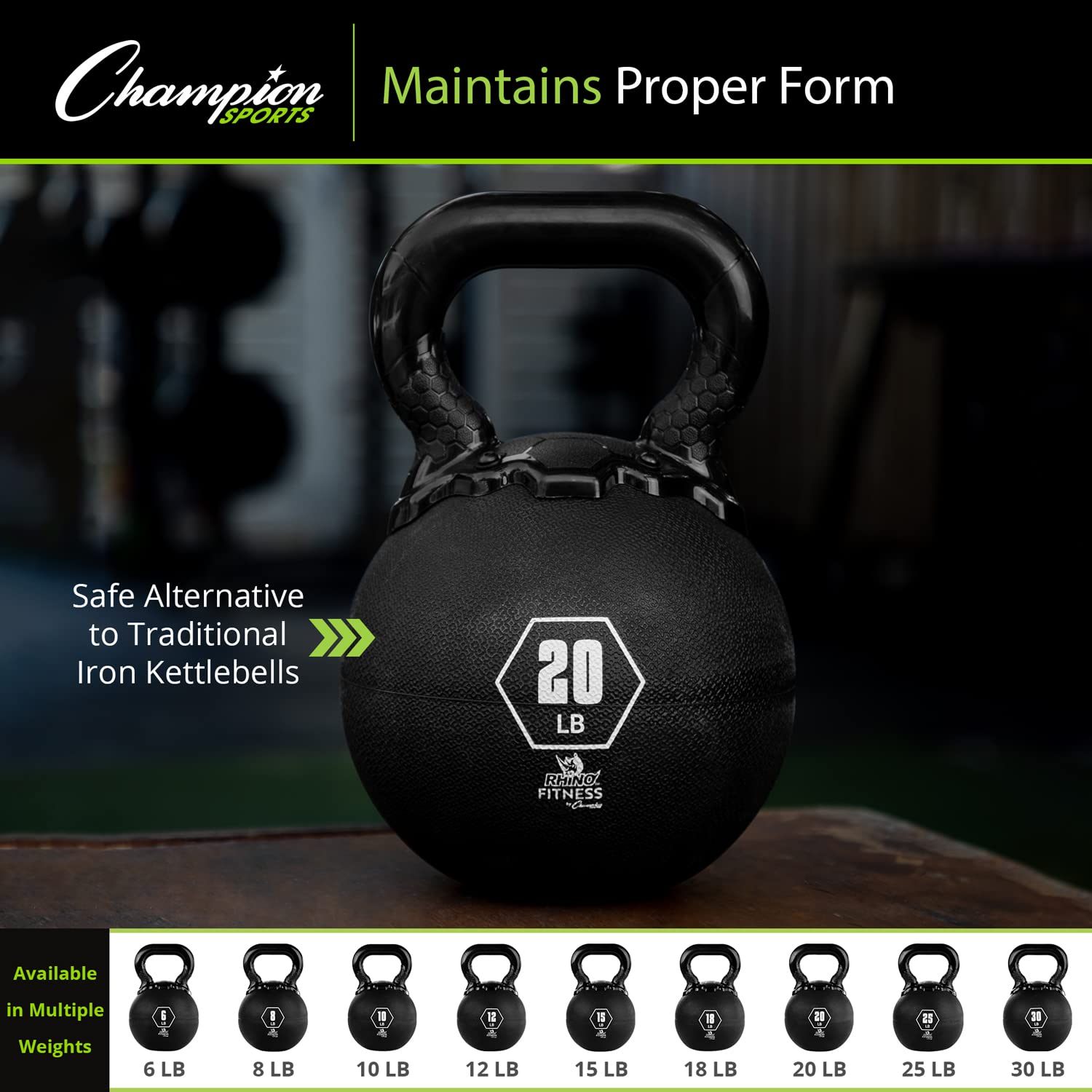 Champion Sports Rhino Kettlebell Gummi-Gewichte, Schwarz – Premium Krafttraining Ausrüstung – mehrere Gewichte