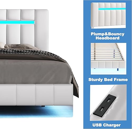 Miniatura 5 de MERITLINE Cama flotante tamaño Queen con luces LED, plataforma tapizada con cargador USB, marco de cama de piel sintética, tamaño Queen con cabecero