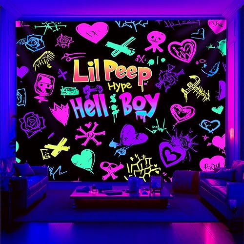 PSYHILAR Tapiz de luz negra de Lil Peep para dormitorio, póster de luz negra de Hellboy, bandera UV de música de rapero (101.6 x 76.2 centímetros)