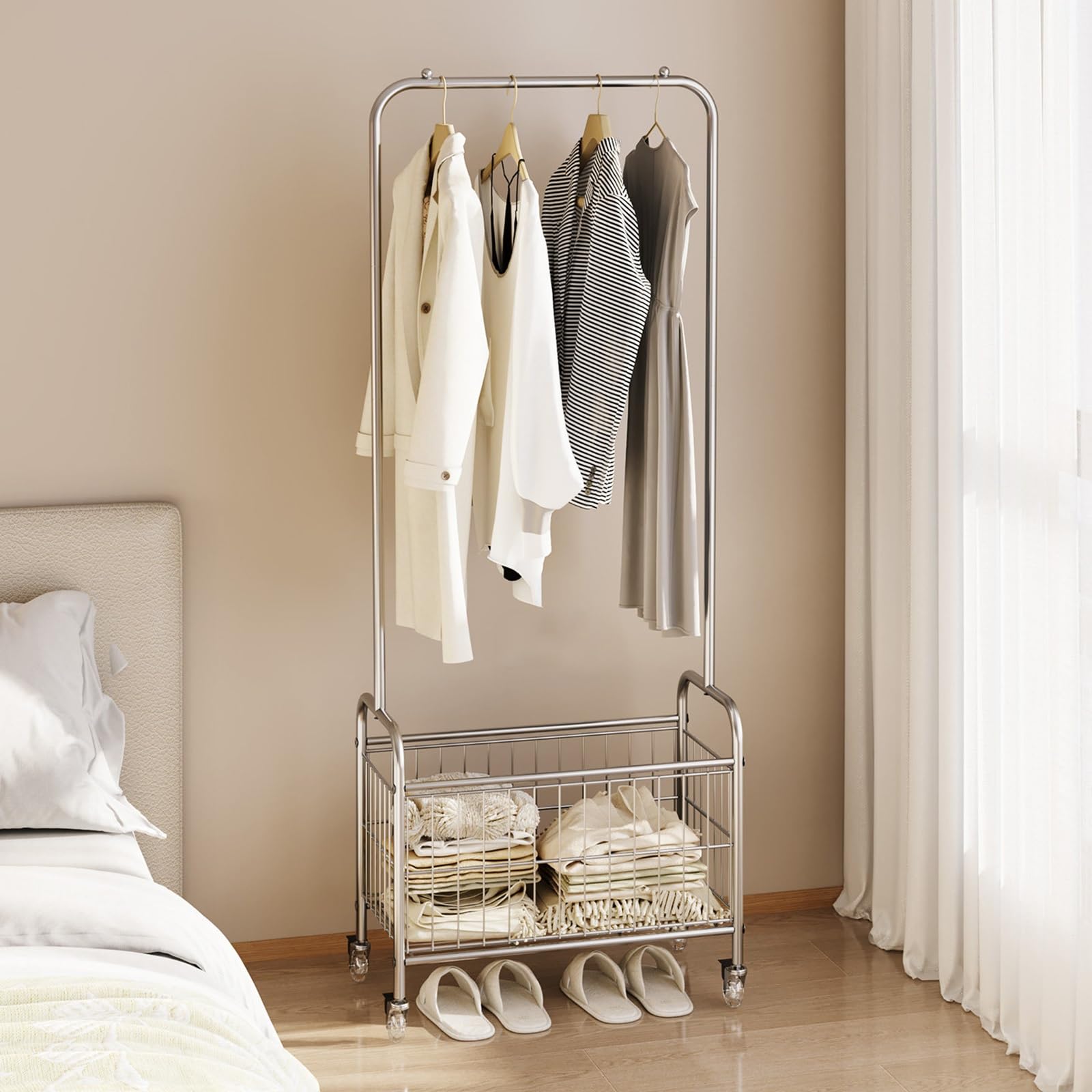 Qxgylz Rolling Garment Rack with Storage Basket, Wheels Freestanding Clothing Organizer