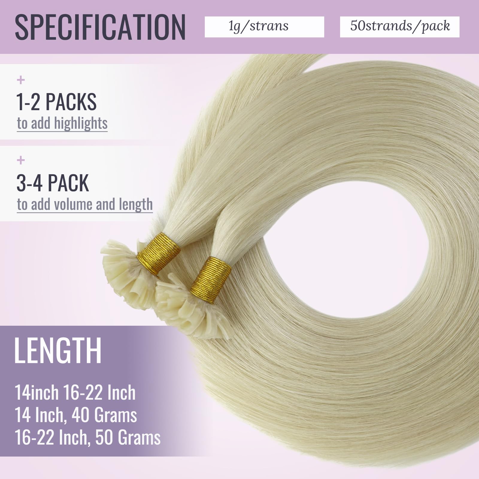 Fshine Natale Extension Cheratina Capelli Veri 50g Lunghi 50CM Biondo Platino Real Hair 1000 Keratina 1g/ciocca Pre Bondend