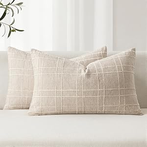 MIULEE Linen Plaid Pillow Covers Decorative Lumbar 12x20 Natural Beige