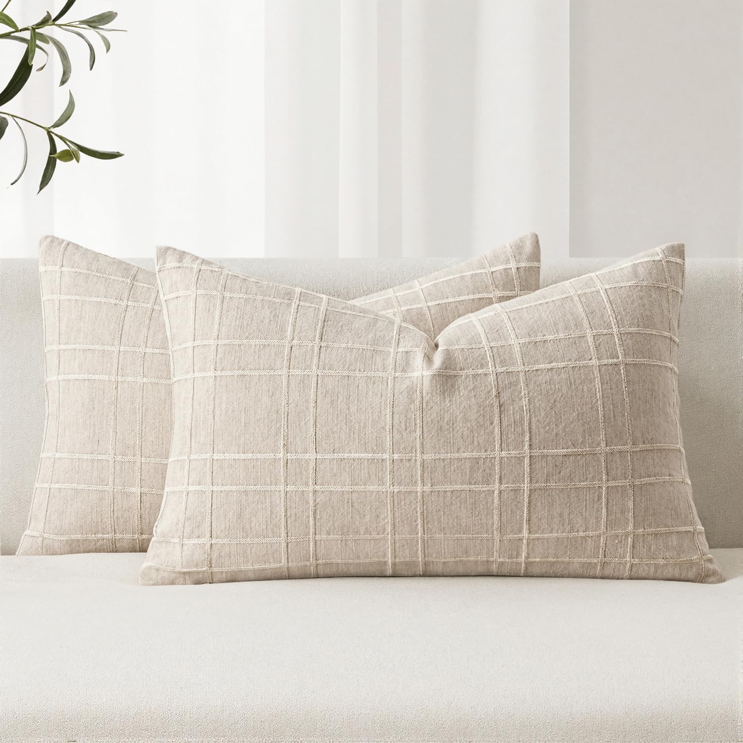 MIULEE Linen Plaid Pillow Covers Decorative Lumbar 12x20 Natural Beige