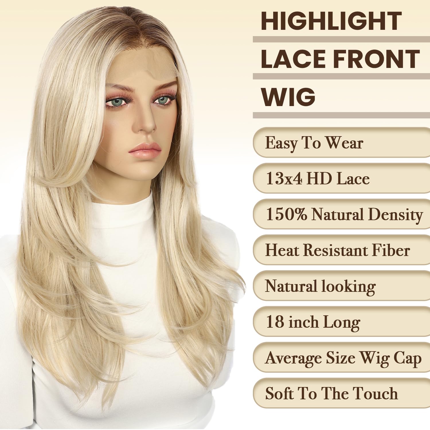Blonde Synthetic Lace Front Wig, 13x4 Wavy Layered Wigs for Women Pre-plucked Natural Hairline Heat Resistant Hair with Dark Roots 18 Inch Daily Party Use