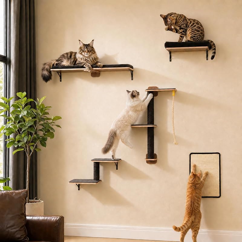 Arranhador Modular de Parede para Gatos PAWZ Road com Prateleiras, Postes de Sisal e Almofadas