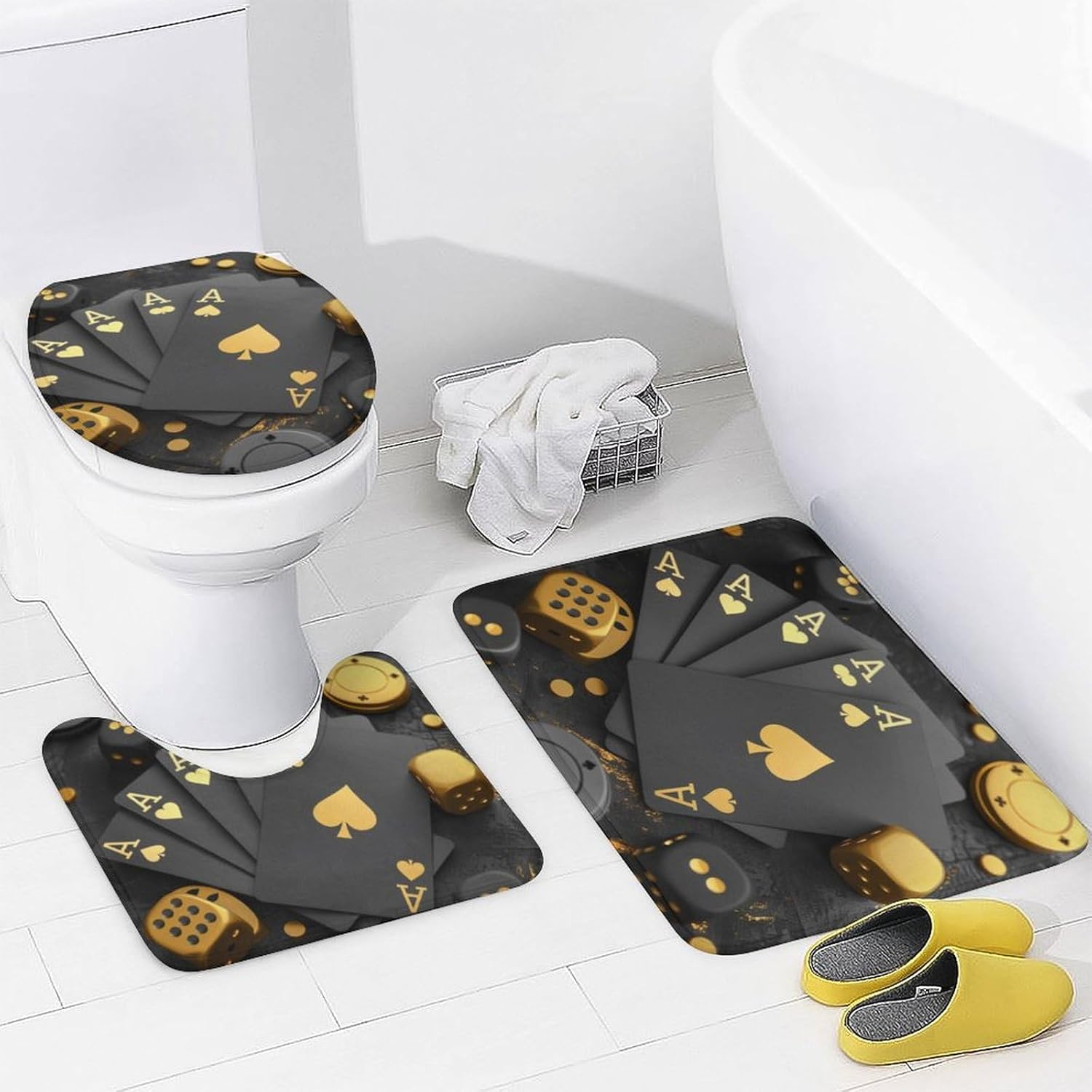 4Pcs Funny Playing Card Shower Curtain, Fantasy Money Poker Dice Shower Curtain Sets with Toilet Lid Cover, U-Shaped Mat and Non-Slip Rugs, Bathroom Decor Set, 72" x 72"