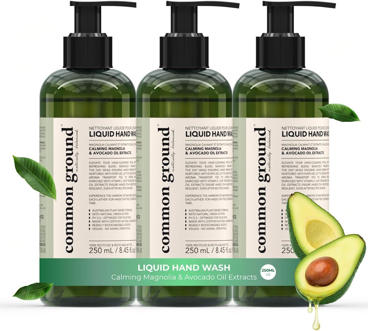 COMMON GROUND All Natural Hand Wash Soap - Paraben & Cruelty Free - Daily - Organic, Vegan, Plant-Based, Avocado Oil - For All, Men, Women, Eczema, Sensitive Skin 8.4 Fl Oz (3 Pack)